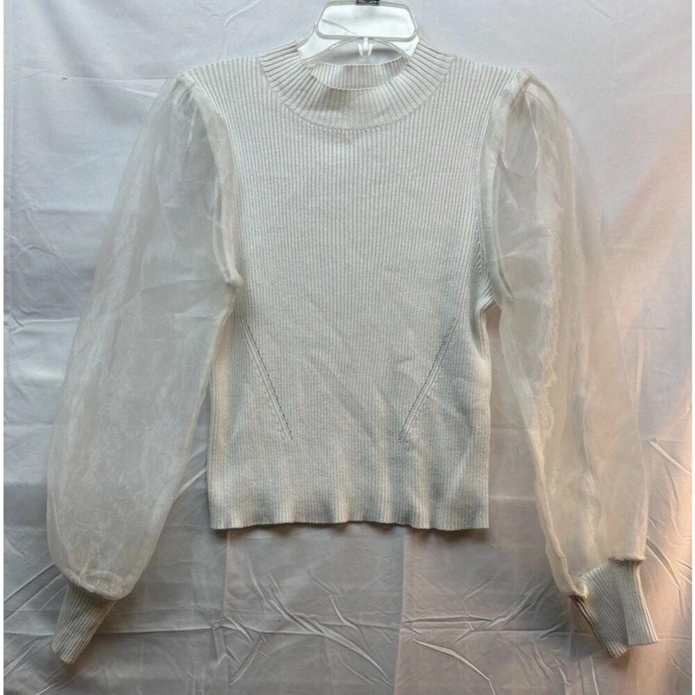 Sweet Republic Women S Ivory Ribbed Knit Sweater, Sheer, Organza Puff Sleeve